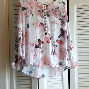 Women's lightweight sheer floral & butterfly top